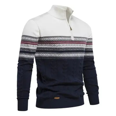 (white, XS) Autumn And Winter Trend Stand Collar Men&apos;s Retro Casual Warm Sweater Semi-zippe