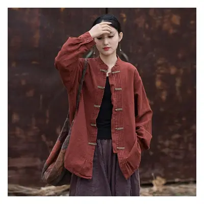 (dark red, One Size) Johnature Women Chinese Style Shirts Fold Spring Solid Color Blouses Button