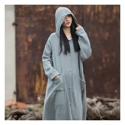 (light gray, One Size) Johnature Women Vintage Hooded Solid Color Spring Coats Button Long Sleev