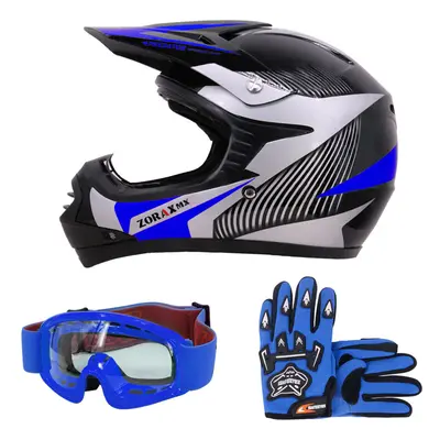 (Blue, XL) ZORAX X19 Kids Motocross MX Helmet Motorbike Gloves Goggles