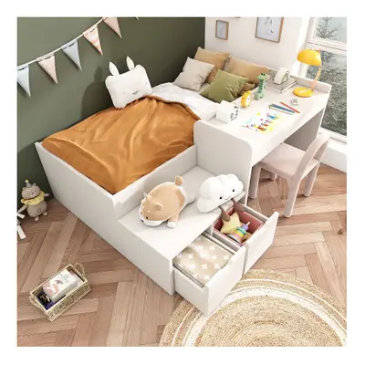 3ft Kids Wooden Bed with Desk and Drawers, x190 cm, White, with Storageï¼for Kids&Teenagers & A