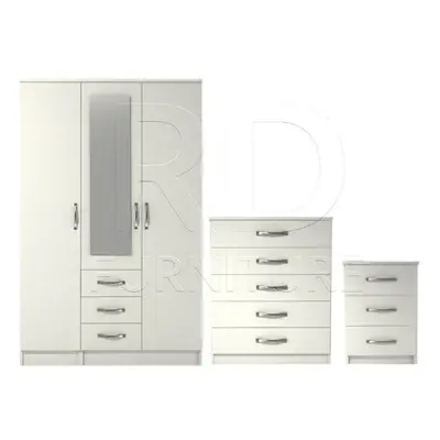 Ready assembled Pcs Classic Door Drawer Combi Mirrored Wardrobe, Chest And Bedside Set White