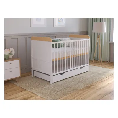 (White/Pine) Levi Cot Bed 120x60cm with drawer and Microfiber Quilted mattress