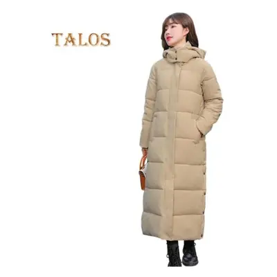 (khaki, XL) Women Cotton Coat Hooded Long Sleeve Pockets Side Slit Hem Down Jacket Solid Color P