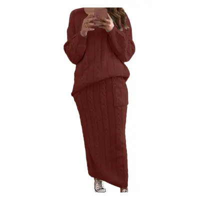 (red, XL) Women&apos;s Long Skirt Warm Winter Sleeves Autumn Pullover Floral Stitch Sweater Suit