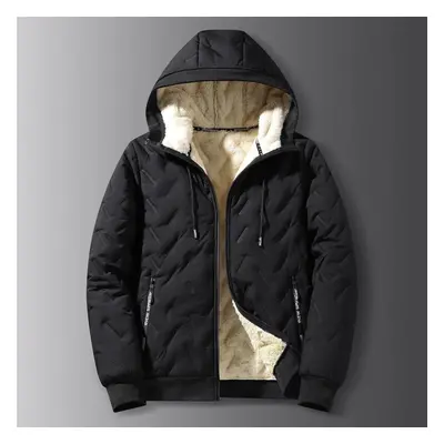 (black, L) Mens Winter Cotton Coat Thicken Fleece Lining Stand Collar Parka Jacket Men Outerwear