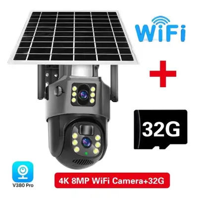 (WiFi Add 32G) 4k 8mp Wifi Solar Battery Camera 4g Sim Card Dual Lens Dual Screen Outdoor Securi