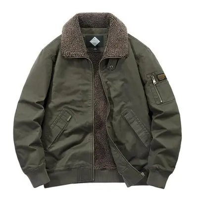 (army green, L) Winter Fashion Turndown Collar Jacket Man Bomber Jacket Mens Windbreaker Thicken