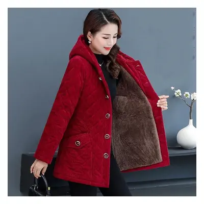 (wine red, M) Women Corduroy Jackets Autumn Winter Solid Loose Outwaer Female Casual Middle-aged