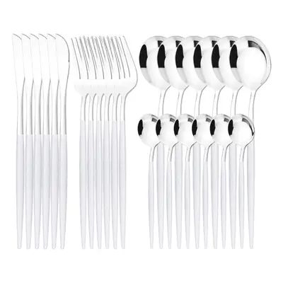 (white,silver, 24PCS) Luxury 24pcs Rose Gold Dinnerware Set Knife Fork Spoon Cutlery Set With Gi