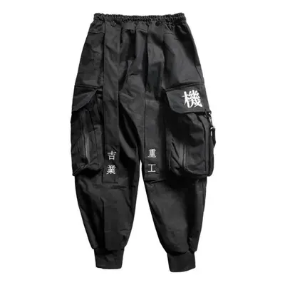 (black, XL) Japanese Streetwear Techwear Cargo Pants For Men Baggy Wide Leg Black Jogger