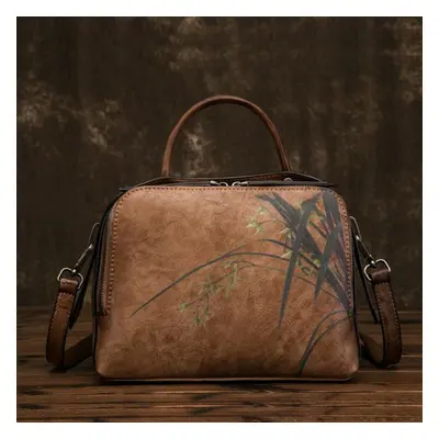 (coffee) Johnature Genuine Leather Retro Floral Handbags Women Bag Leisure Cowhide Handmade Zipp