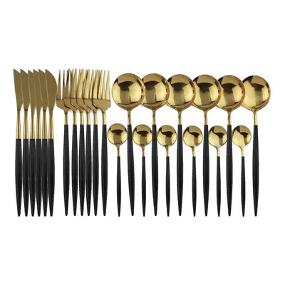 (black,gold) 24pcs Black Gold Dinnerware Set Stainless Steel Cutlery Set Kitchen Fork Knife Spoo