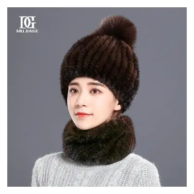 (dark brown, Set (hat+scarf)) Hat Women&apos;s Winter New Korean Version Mink Hair Weaving Thick