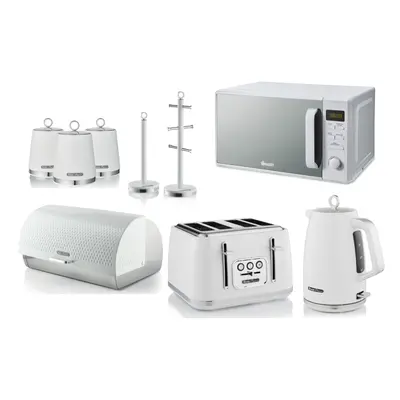 Swan Elegance White Kettle Toaster Microwave & Kitchen Storage Set