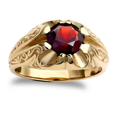 (U) Jewelco London Men's Solid 9ct Yellow Gold Round Brilliant Garnet Solitaire Carved Gypsy Rin