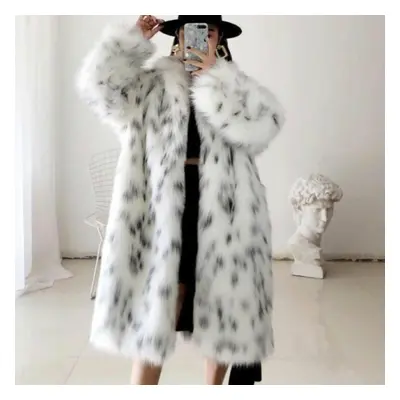 (white, L) Women Winter New Faux Fox Fur Coat Lady Casual Snow Leopard Print Fur Jacket Female T