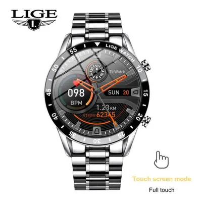 (silver, steel belt) LIGE Full Circle Touch Screen Steel Band Luxury Bluetooth Call Men Smart Wa