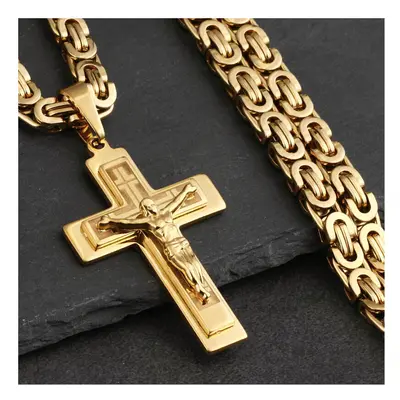 (Light Yellow Gold Color, 55cm) Jesus Cross Long Byzantine Chain Stainless Steel Necklaces Penda