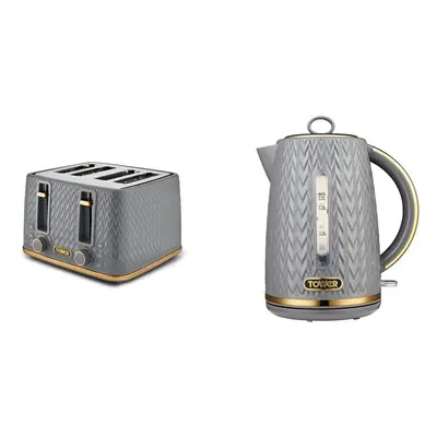 Empire 4-Slice Toaster with Defrost/Reheat, Removable Crumb Trays, 1600W, Grey and Brass & T1005