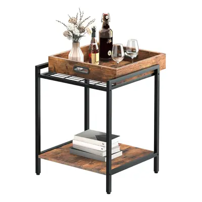 (Rustic Brown, Black ) Industrial end table, snack table with removable tray