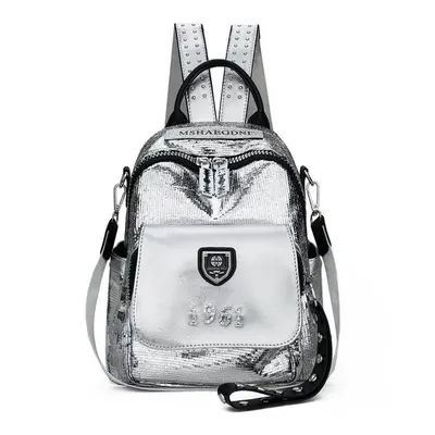 (silver, 24cm*15cm*27cm) Backpack Female New Wild Fashion Small Fresh Pu Soft Leather Small Bag 