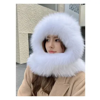 (white) Woven Fox Fur Snow Hat, Scarf Hat Integrated Winter Warm Cold Resistant Thickened Ball L