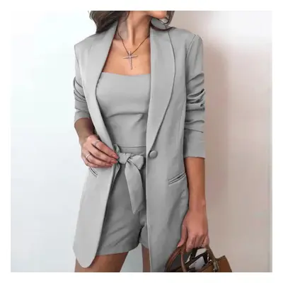 (grey, S) Tbeeeestt Women Pieces Set Tracksuit Loose Blazer & Bow Elastic Waist Short Pant Vest 