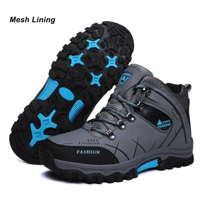 (gray,blue, 47) Men&apos;s Hiking Boots Waterproof Snow Boots Leather Sneakers Male Outdoor Spor