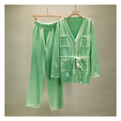 (light green, S) Autumn And Winter Women&apos;s Knitted Suit Cardigan Wide Leg Pants Suit Temper