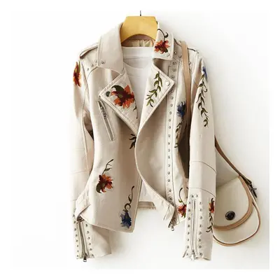 (beige, XXL) Women Retro Floral Print Embroidery Faux Leather Jacket Coat Turndown Collar Pu Mot