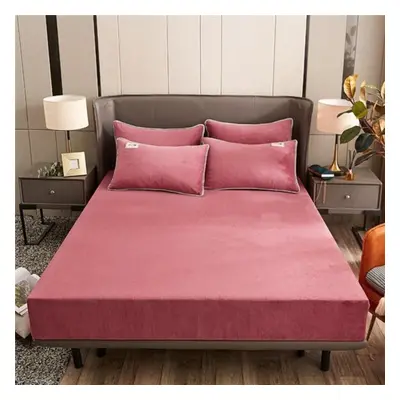 (rose pink, Bed sheet (220x200x25cm)) Velvet Thermal Bed Sheets Plush Fabric Mattress Cover For 