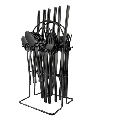 (24pcs+Rack - Black) 24pcs Rainbow Color Cutlery Set Knife Fork Spoon With Rack Dinnerware Set S