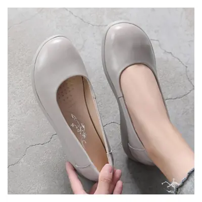 (grey, 43) White Genuine Leather Ladies Breathable Summer Shoes Women Flats Slip-on Loafers Roun