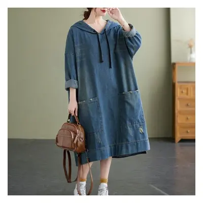 (blue, XXL) Dimanaf Autumn Winter Casual Lady Dress Thick Cotton Denim Blue Women Clothing Overs