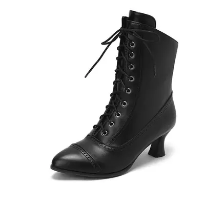 (black, 42) Annymoli Women Ankle Short Boots Pointed Toe Block High Heels Lace-up Zipper Combat 