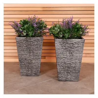 Charles Bentley Pair of Tall Slate Planters (Dia. 30cm) Grey Plastic Plant Pots Outdoor Garden S