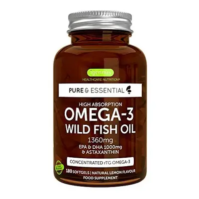 Pure & Essential High Absorption Omega-3 Wild Fish Oil 1360mg, EPA DHA 1000mg & Astaxanthin 1mg,