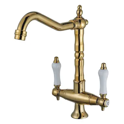 (Gold) Antique Kitchen Tap 360Â° Rotatable Sink Tap Two-Handle Mixer Tap Nostalgia Mixer Tap Hig