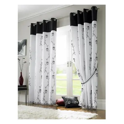 Tahiti Eyelet Curtains Embroidered Lined Voile Black/White 56x54"