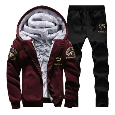 (red, XXXL) Men Winter Outfits Fleece Coat+sweatpants Warm Hooded Jacket Fashion Sport Tracksuit