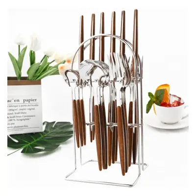 (B-wooden handle-silver) 24pcs Natural Bamboo Handle Cutlery Set Stainless Steel Family Dinnerwa