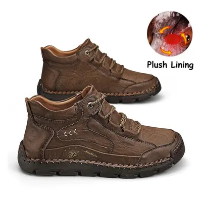 (light brown, 44) Men&apos;s High-top Casual Shoes Handmade Plush Shoes Casual Shoes Autumn And 