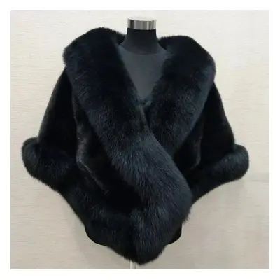 (black, One Size) Faux Fur Wrap Women&apos;s Fox Fur Collar Coat Cloak Poncho Dress Shawl Keep W