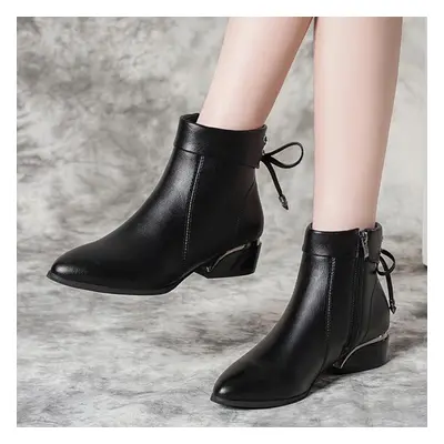 (black, 41) Autumn And Winter Soft Leather Short Boots Women&apos;s Versatile Low Heel Thick Hee