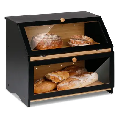 (Black(39x25x32cm/15.3"x9.8"x12.6")) Accessories Double Decker Bamboo Bread Bin 2-Layer Bread Bo