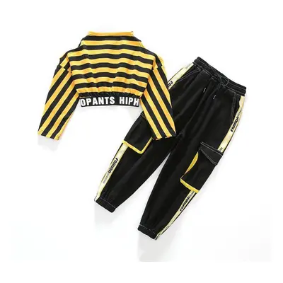 (yellow, 150) Children Hip Hop Clothes Girls Jazz Street Dance Costume Kids Sweatshirt Pants Set