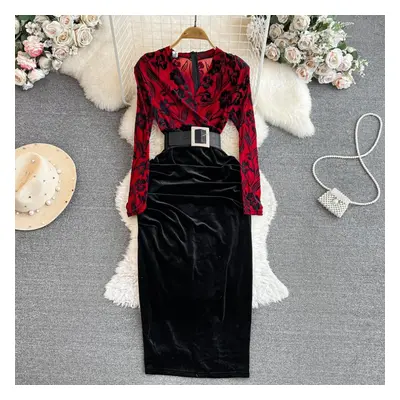 (wine red, XXL) Autumn New Style Of Celebrity Temperament V Neck Bronzing Printing High Waist Fo