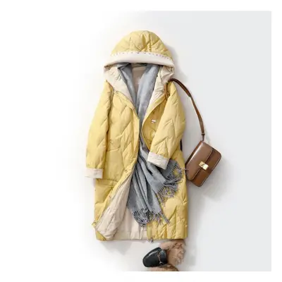 (yellow, L) Women&apos;s Winter Autumn Hooded White Duck Down Jacket Coat Loose Long Solid Color