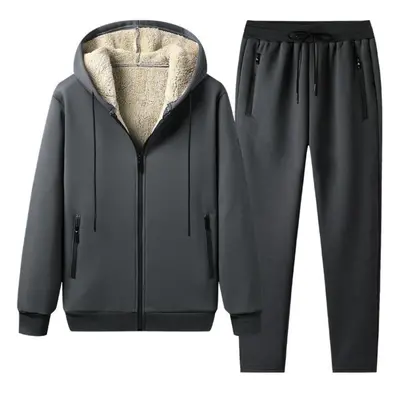 (grey, M) Warm Sport Suit Men Pieces/set Winter Sportsuit Thermal Hoodies Sets Fleece Tracksuit 